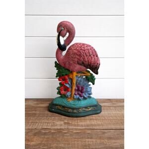 Antique Cast Iron Flamingo Doorstop Hand painted Tropical Bird Garden Decor
